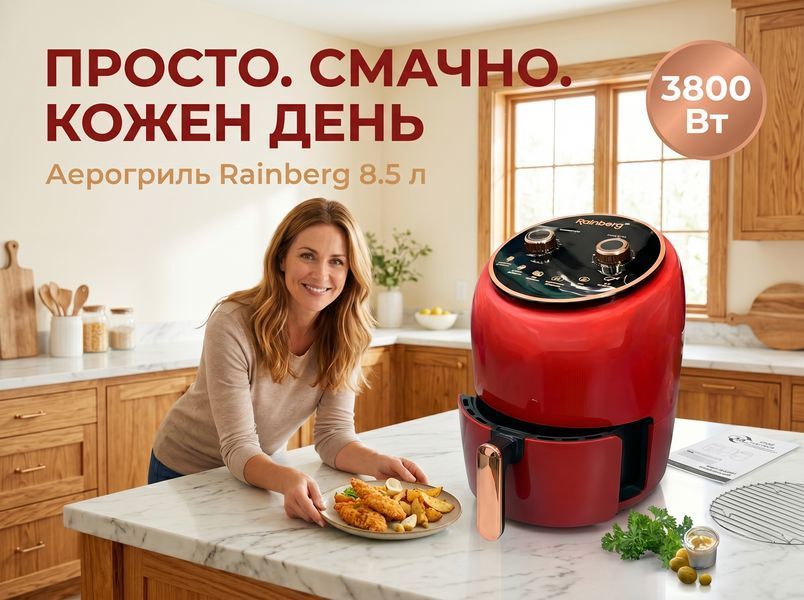 Аерофритюрниця Rainberg RB-2318, 8,5 л, 3800 Вт, без масла, механічне керування, таймер 30 хв, червона RB-2318r фото