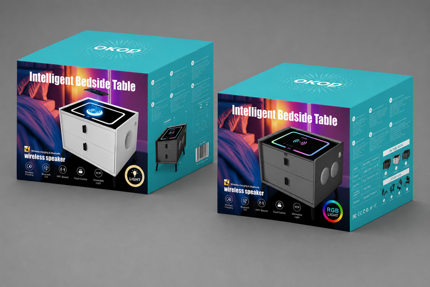 Тумбочка приліжкова розумна OKOP KP-588 з RGB-підсвіткою, Bluetooth-динаміками та бездротовою зарядкою Qi, чорна 003Т фото