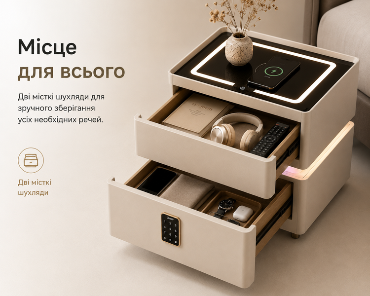 Тумбочка для дому OKOP KP-589 з RGB-підсвіткою, Bluetooth-динаміками та бездротовою зарядкою Qi, біла 005Т фото