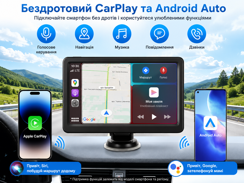 Автомонітор портативний 7" з бездротовим CarPlay та Android Auto, Bluetooth 5.0, підтримка камери заднього виду &mdash; CJ-PTC 208 005С фото