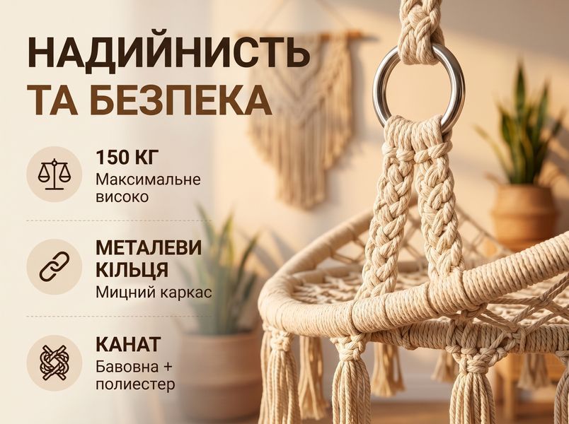 Підвісне крісло-гамак 80 см з міцним каркасом та ажурним плетінням макраме, до 150 кг, бежеве 0002G фото