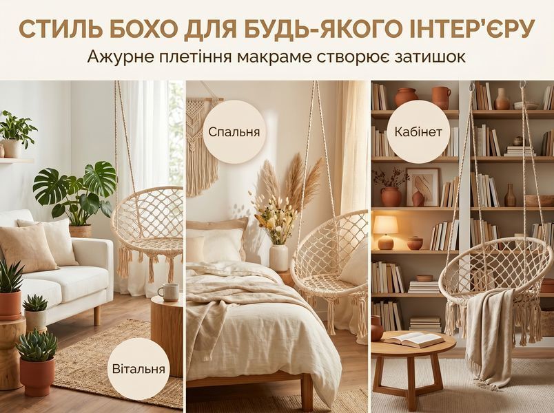 Підвісне крісло-гамак 80 см з міцним каркасом та ажурним плетінням макраме, до 150 кг, бежеве 0002G фото