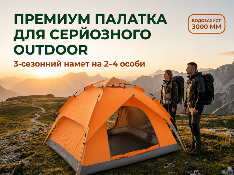 Намет туристичний автоматичний на 2-4 особи, 200&times;230&times;130 см, водозахист 3000 мм, помаранчевий LU006 фото