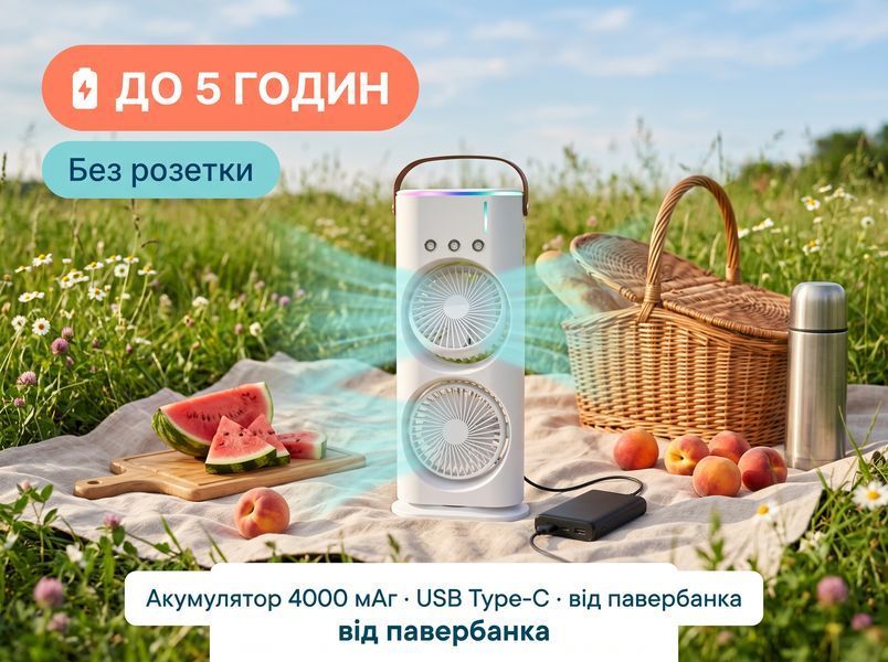 Вентилятор-кондиціонер 3 в 1 портативний з підсвіткою та зволожувачем на акумуляторі 4000 мАг USB Type-C op002 фото