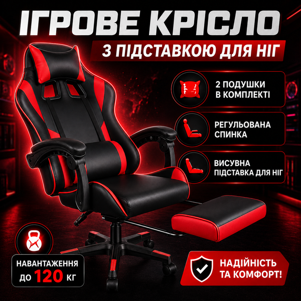 Професійне ігрове крісло, Крісло комп'ютерне ігрове для дому, Крісло зі зручною підставкою для ніг 26X11 фото