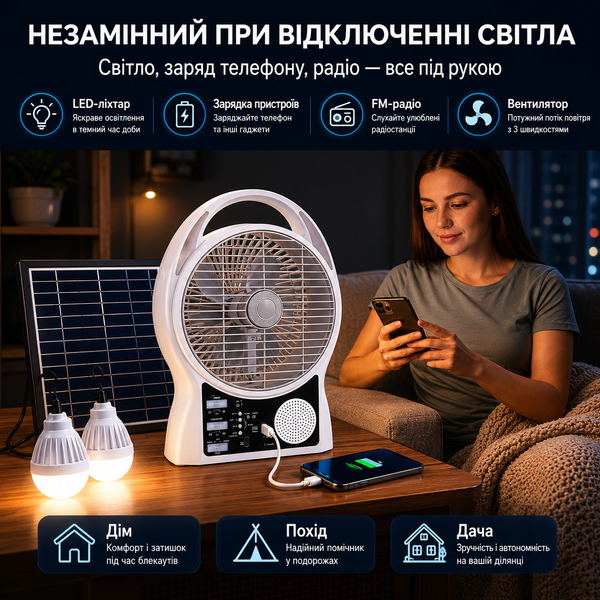 Вентилятор портативний Solar 5-в-1 6 Вт акумулятор 5500 мАч з Bluetooth, LED-підсвіткою, FM-радіо, powerbank, USB Type-C, білий М601 фото