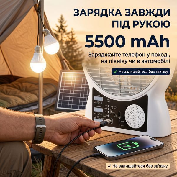 Вентилятор портативний Solar 5-в-1 6 Вт акумулятор 5500 мАч з Bluetooth, LED-підсвіткою, FM-радіо, powerbank, USB Type-C, білий М601 фото