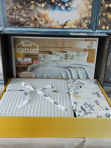 Літній комплект постільної білизни Bio Cotton Gri з вафельним покривалом Туреччина 4535S фото