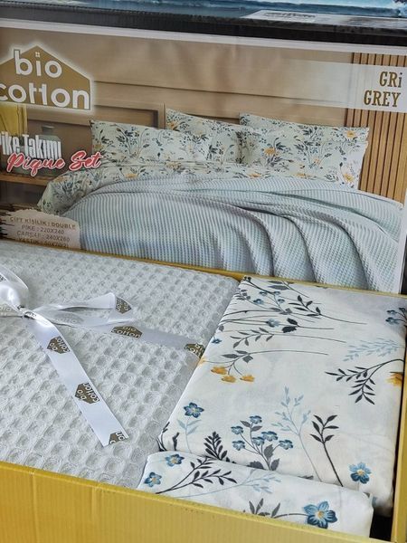 Літній комплект постільної білизни Bio Cotton Gri з вафельним покривалом Туреччина 4535S фото