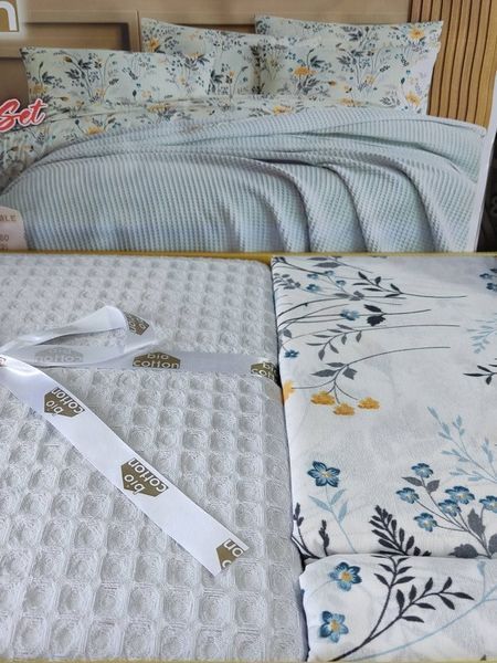 Літній комплект постільної білизни Bio Cotton Gri з вафельним покривалом Туреччина 4535S фото