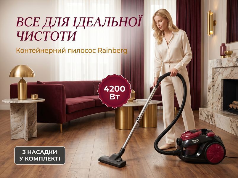 Контейнерний пилосос Rainberg RB-653TB, без мішка, 4200 Вт, колба 3,5 л, 4 фільтри, регулювання потужності RB-653TB фото