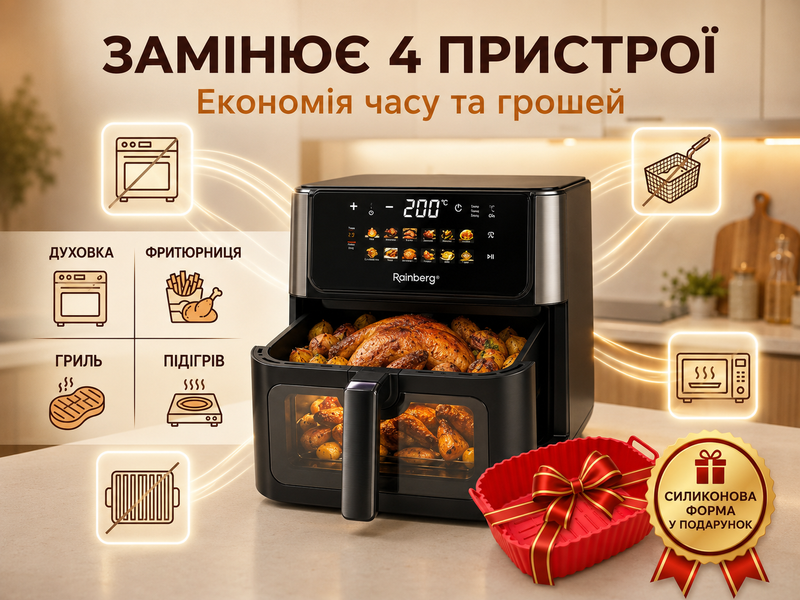 Аерофритюрниця Rainberg RB-2342, 12,5 л, 4800 Вт, сенсорне керування, без масла, з силіконовою формою RB2342 фото